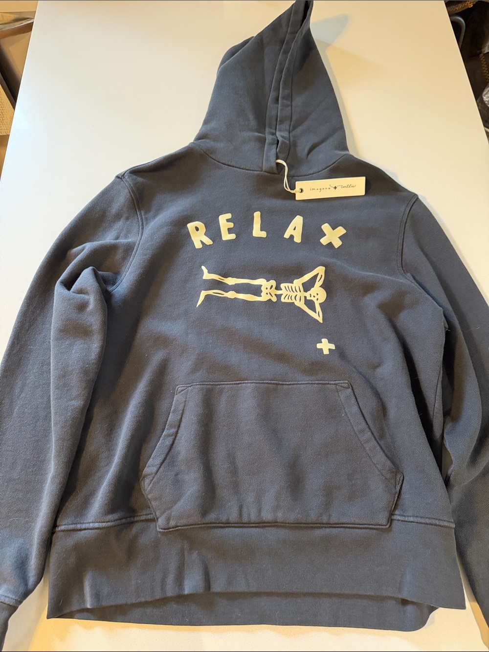imogene + willie Deadstock Crewneck Hoodie with Cream 'RELAX' Skeleton Graphic